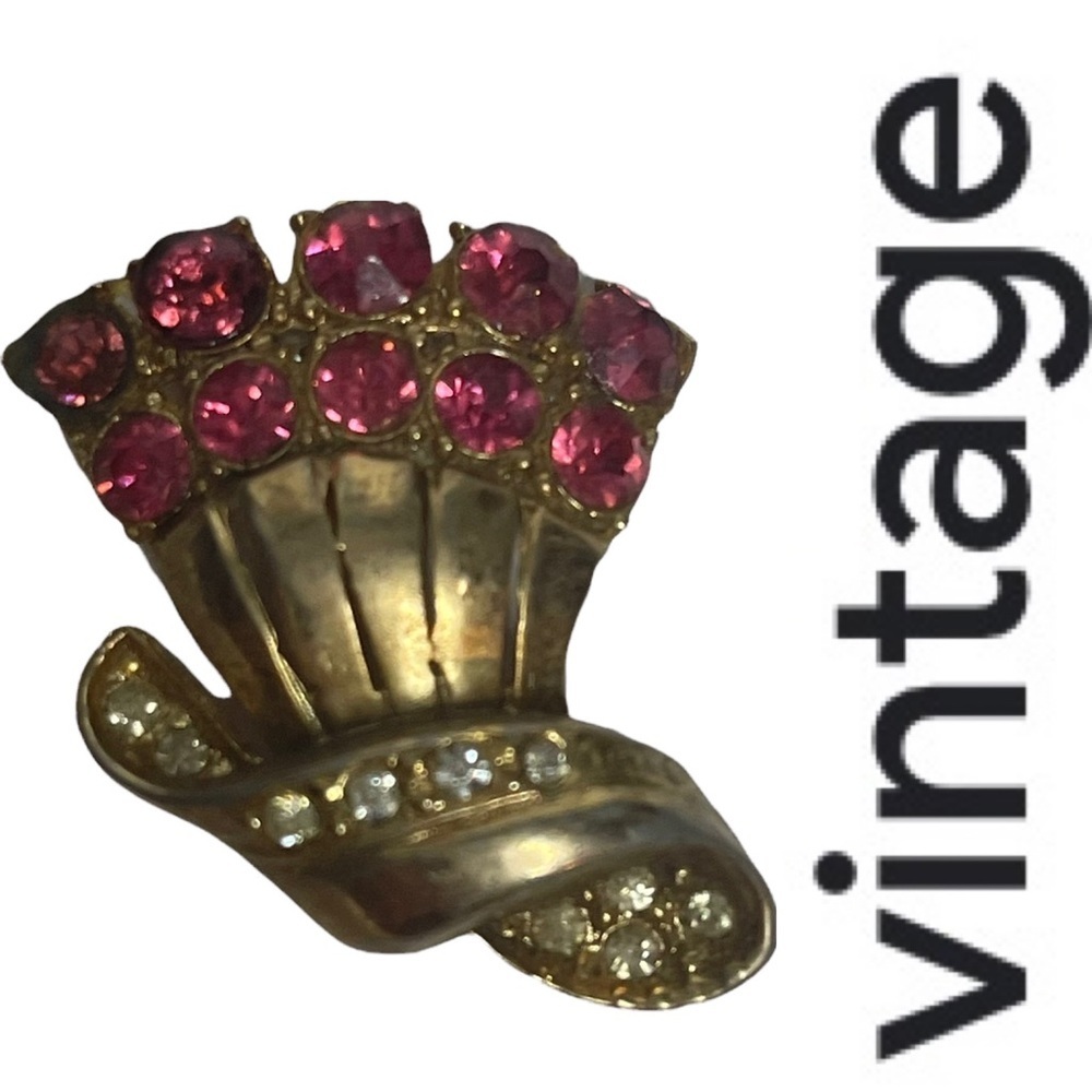 Vintage Gold Tone Bouquet Brooch w/ 10 Pink Tourmaline Stones